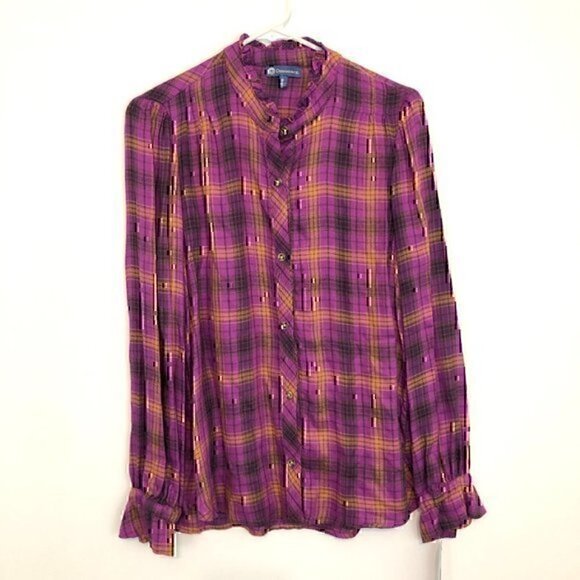 NEW NWT DEMOCRACY Long Sleeve Ruffle Neckband Plaid Button Down Shirt Purple S - Picture 2 of 13